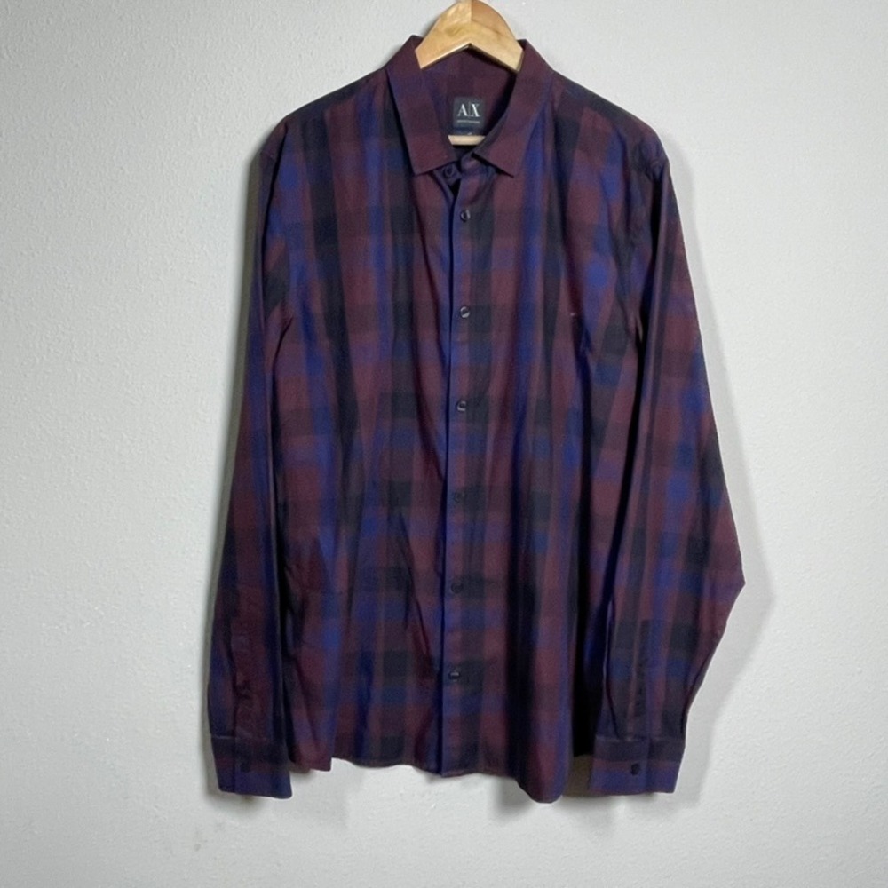 Armani Exchange Button Down Shirt Mens XL Burgundy Blue Plaid Slim Fit Cotton
